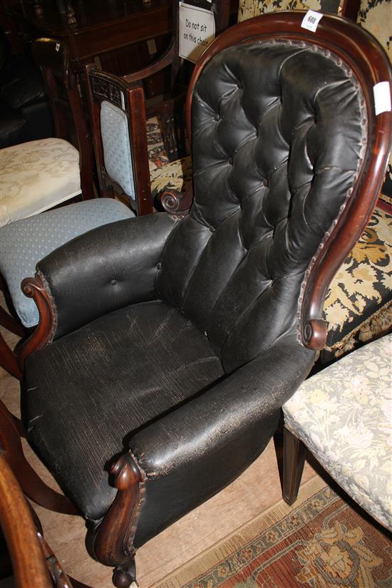 Victorian black leather showwood easy chair